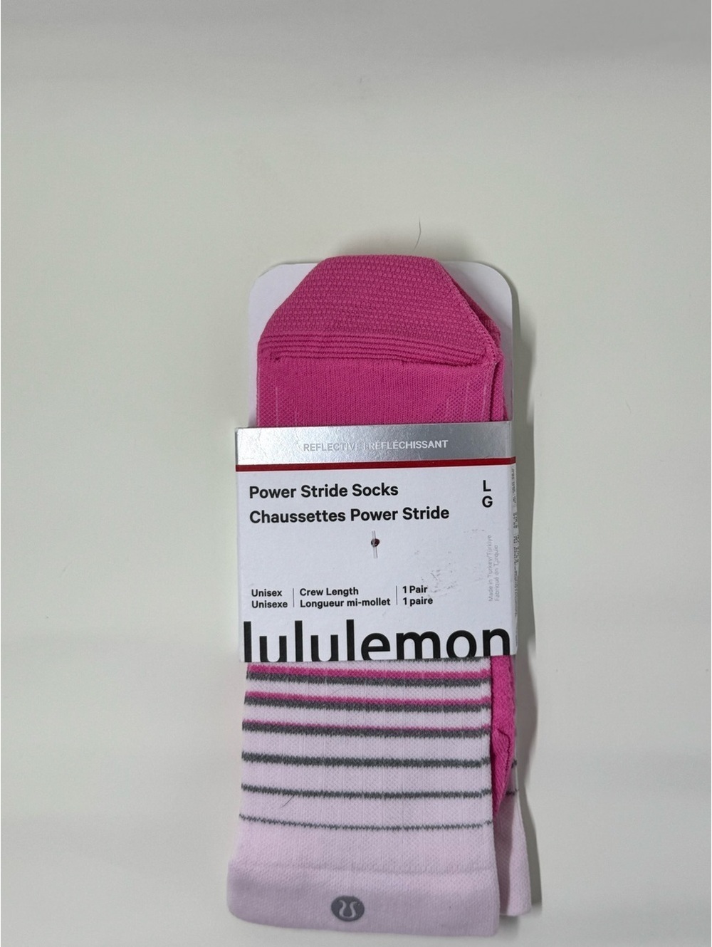 Lululemon Power Stride Crew Socks‎ Reflective Pink Size L NWT